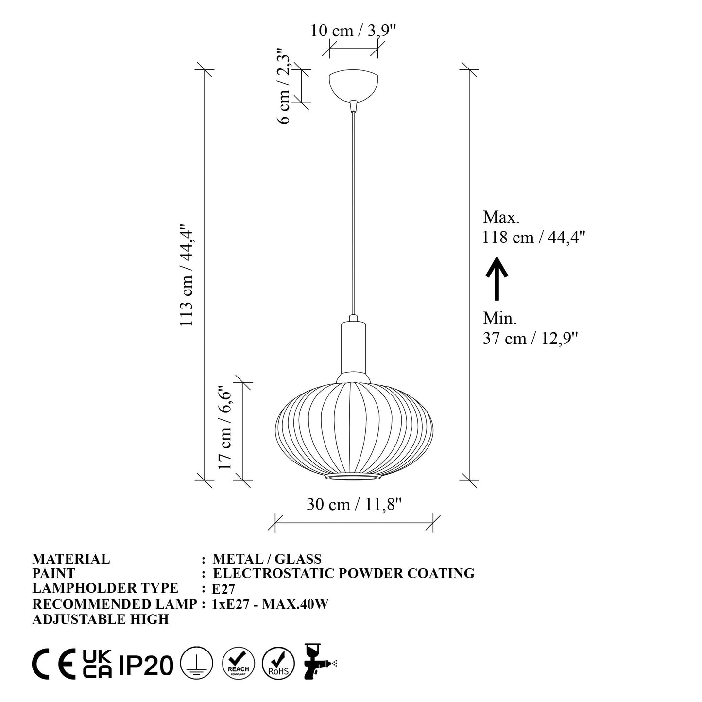 Asker taklampa 30 x 30 x 118 cm