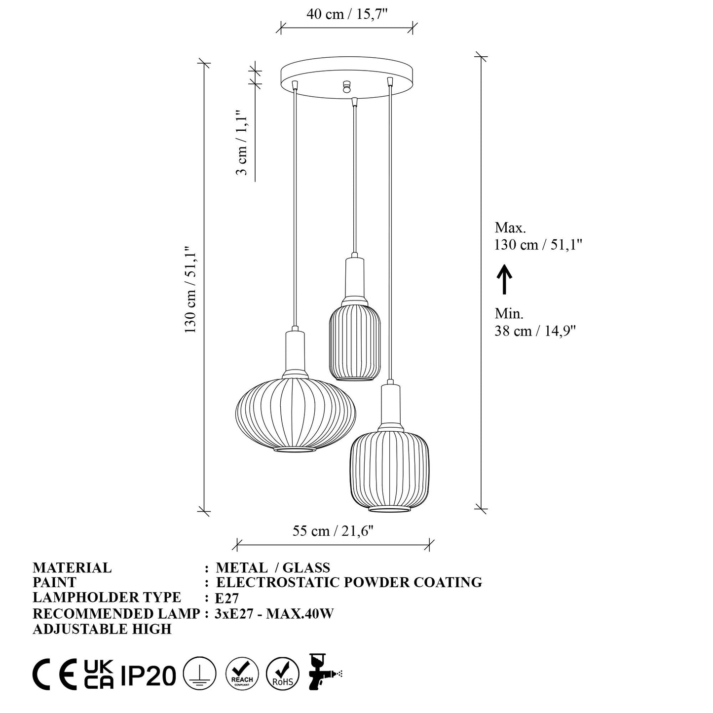 Asker taklampa 55 x 55 x 130 cm