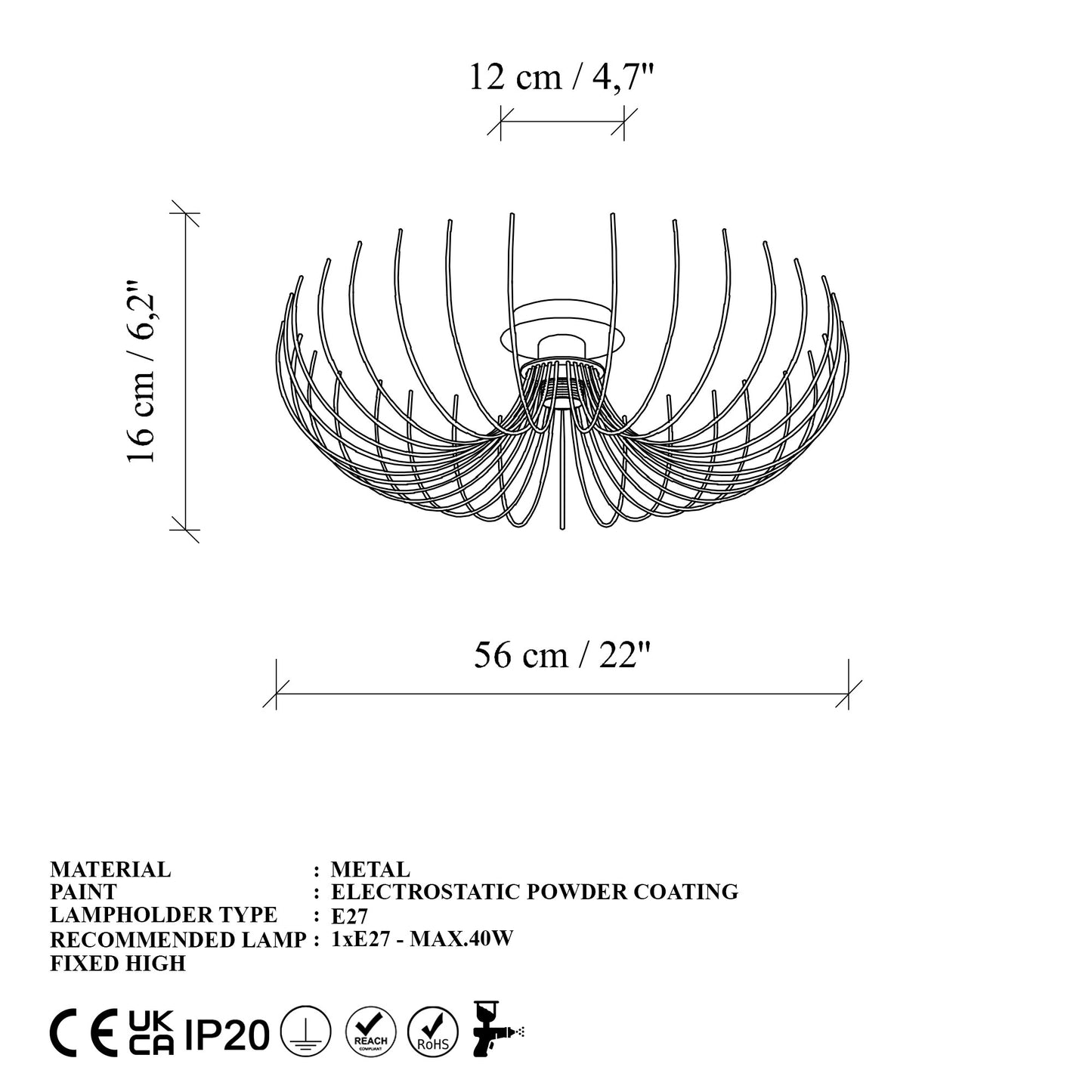 Karsortel taklampa 56 x 56 x 16 cm