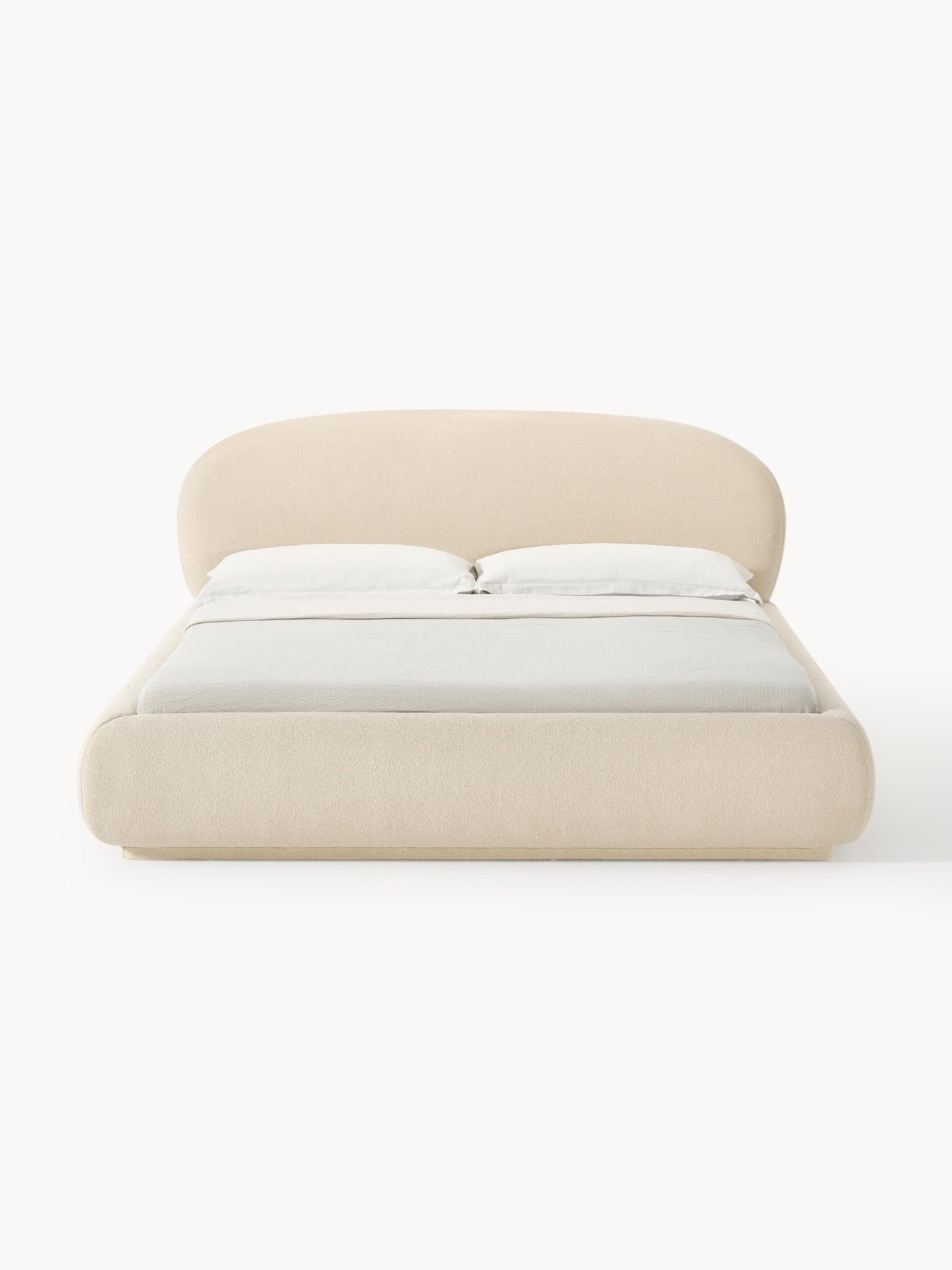 Bouclé stoppad sängram med sänggavel Alba med rundade hörn, B 180 x L 200 cm