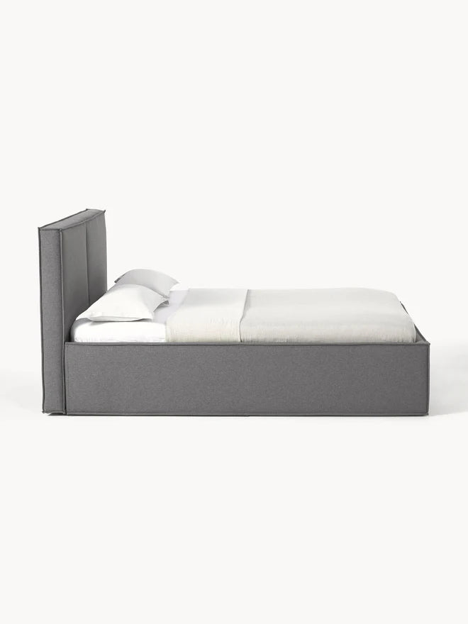 Klädd sängram Dream med sänggavel och förvaringsutrymme, B 140 x L 200 cm