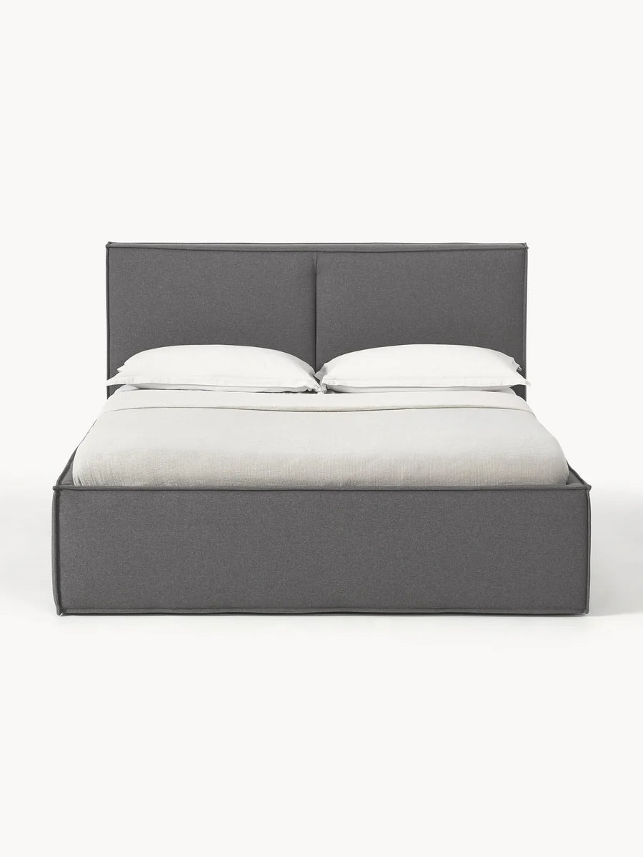 Klädd sängram Dream med sänggavel och förvaringsutrymme, B 140 x L 200 cm