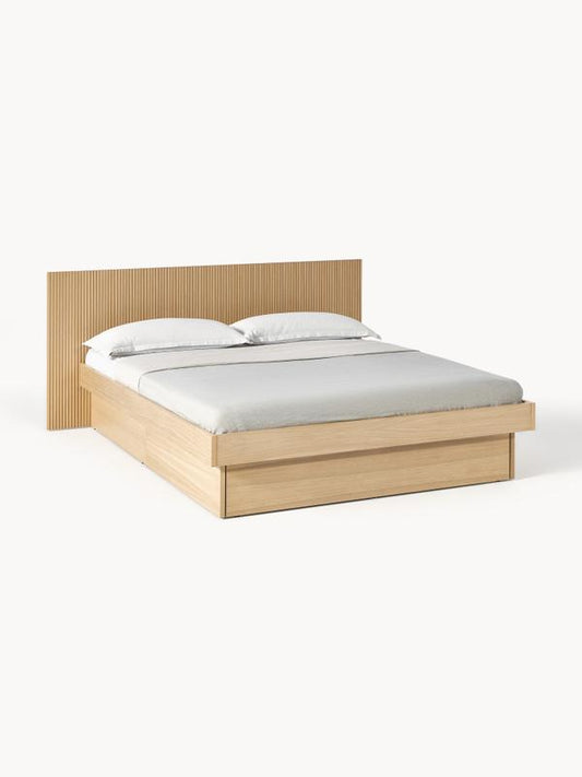 Trä sängram med förvaringsutrymme och sänggavel, B 180 x L 200 cm