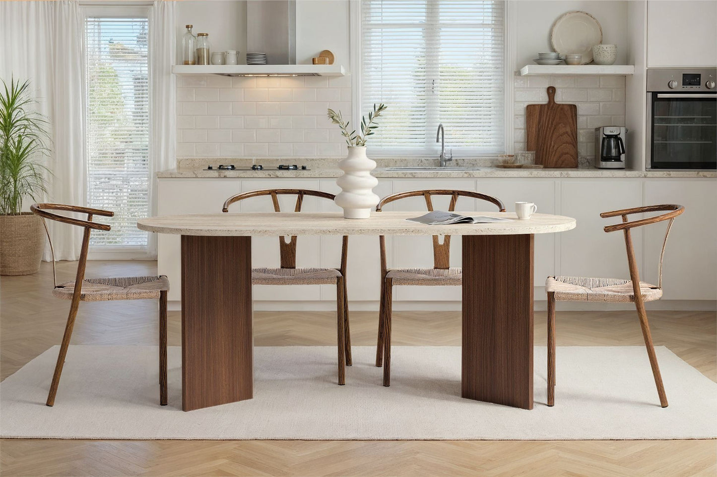 Sablin Ovalt matbord 180 cm - Travertine, Milano Walnut