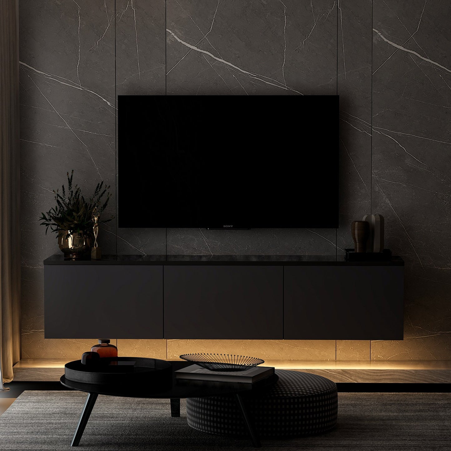 Neon Illuminated - Antracit, Travertin Tv-Bänk