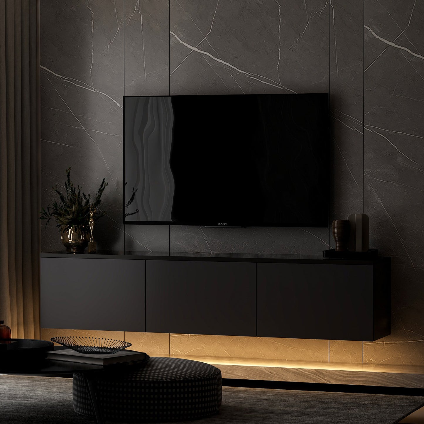 Neon Illuminated - Antracit, Travertin Tv-Bänk