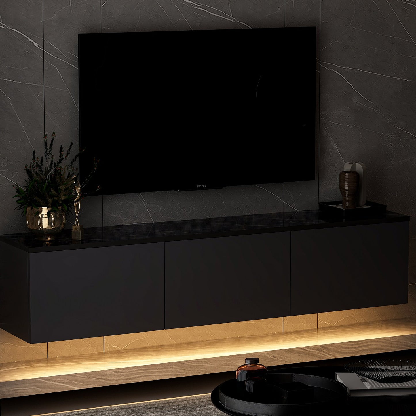 Neon Illuminated - Antracit, Travertin Tv-Bänk