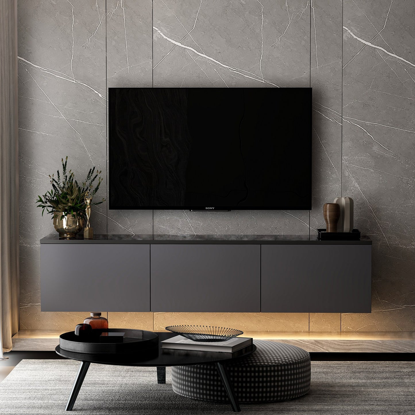 Neon Illuminated - Antracit, Travertin Tv-Bänk