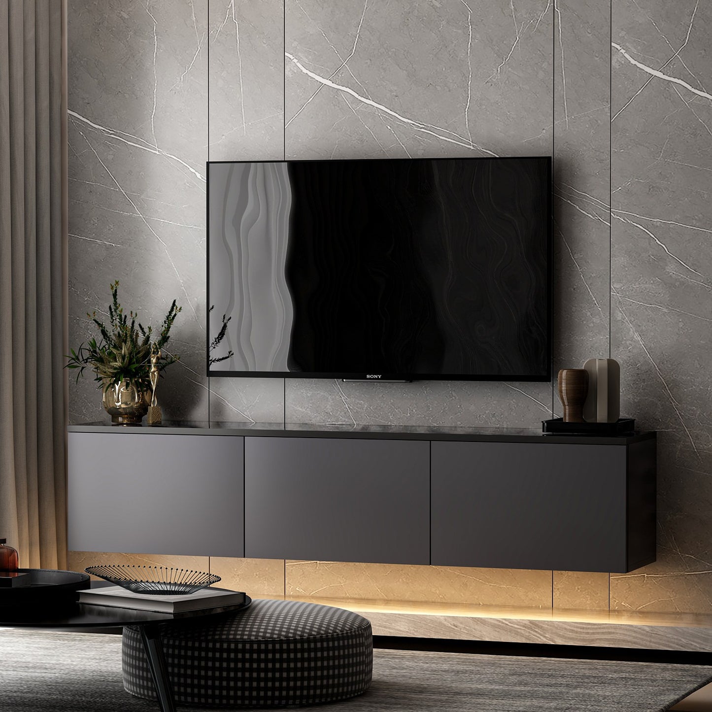 Neon Illuminated - Antracit, Travertin Tv-Bänk
