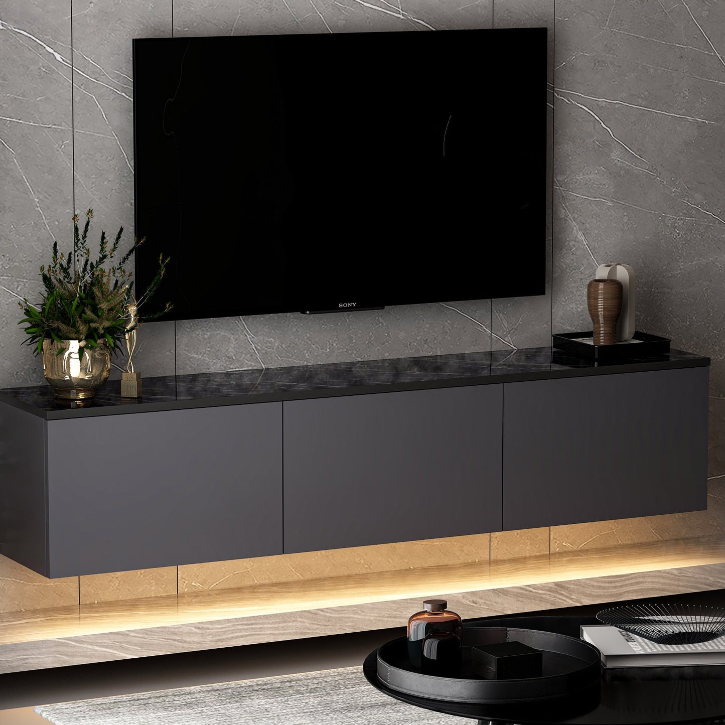 Neon Illuminated - Antracit, Travertin Tv-Bänk