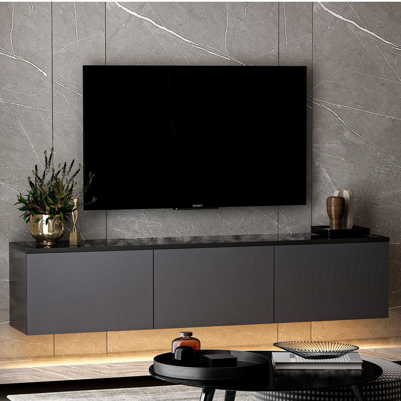 Neon Illuminated - Antracit, Travertin Tv-Bänk