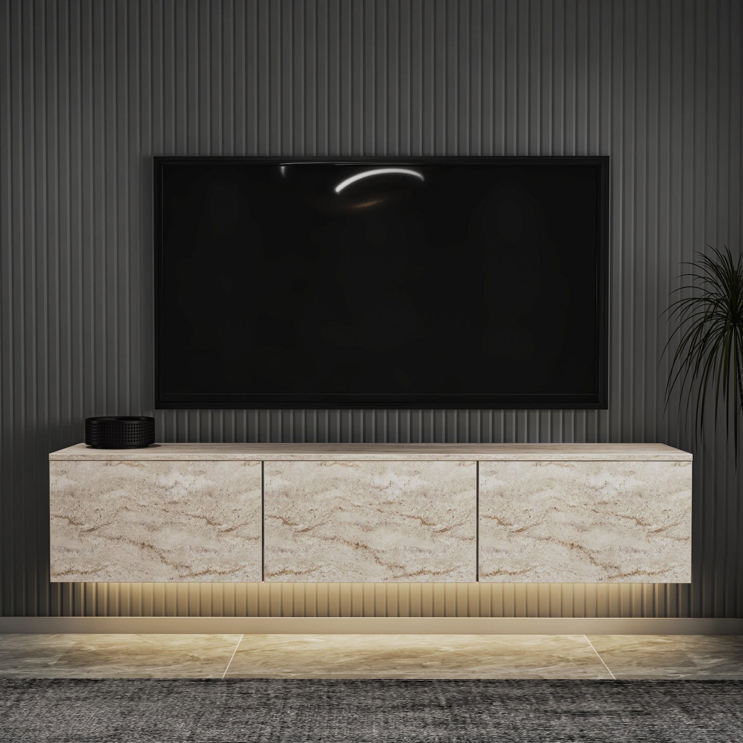 Neon Illuminated - Antracit, Travertin Tv-Bänk