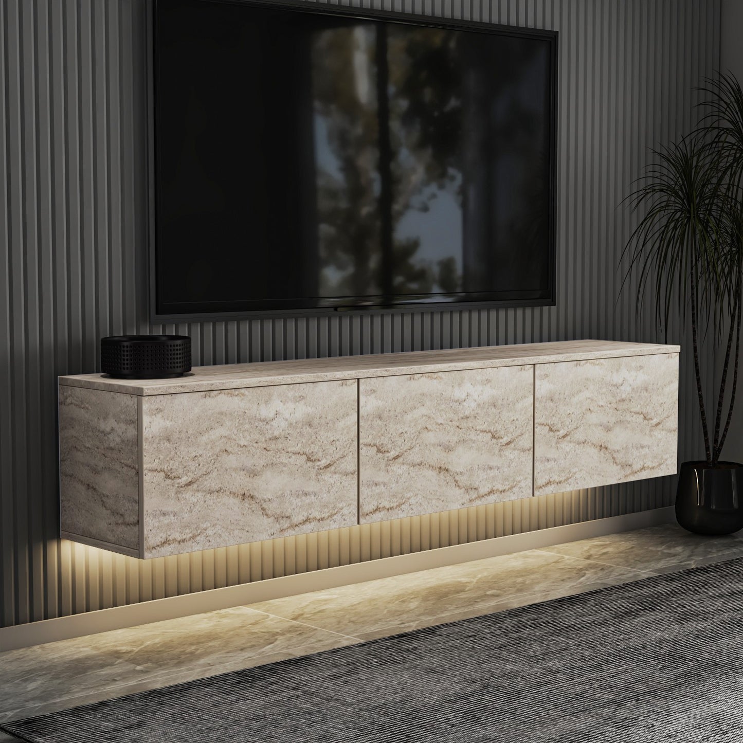 Neon Illuminated - Antracit, Travertin Tv-Bänk