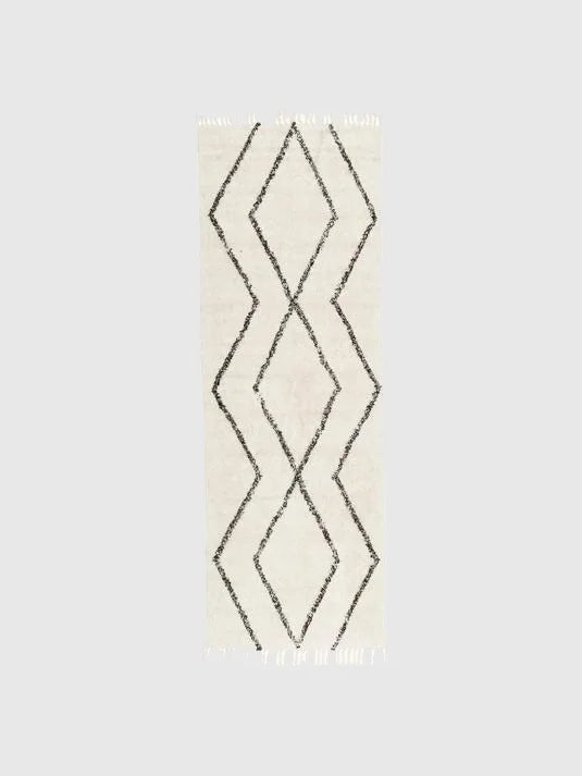 80x250 Handvävd bomullsmatta med fransar - Beige/Svart