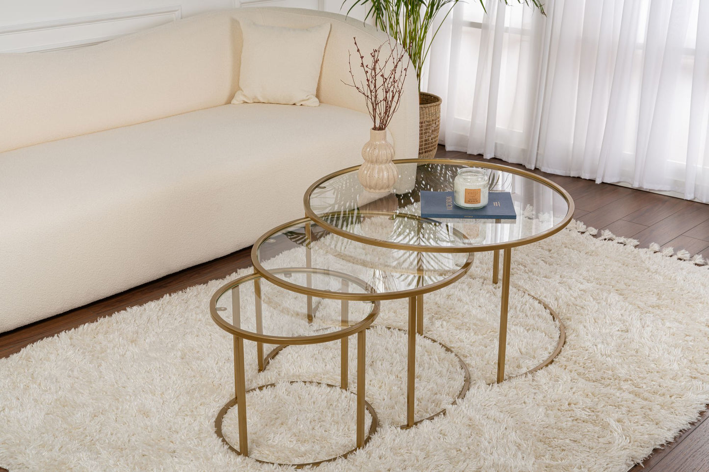 Aurum Soffbord set – 80/60/42 cm – Guldfärg/Transparent
