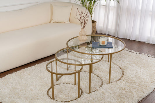 Aurum Soffbord set – 80/60/42 cm – Guldfärg/Transparent