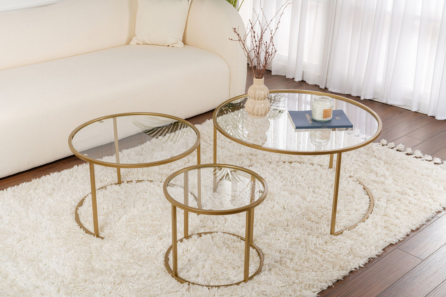 Aurum Soffbord set – 80/60/42 cm – Guldfärg/Transparent