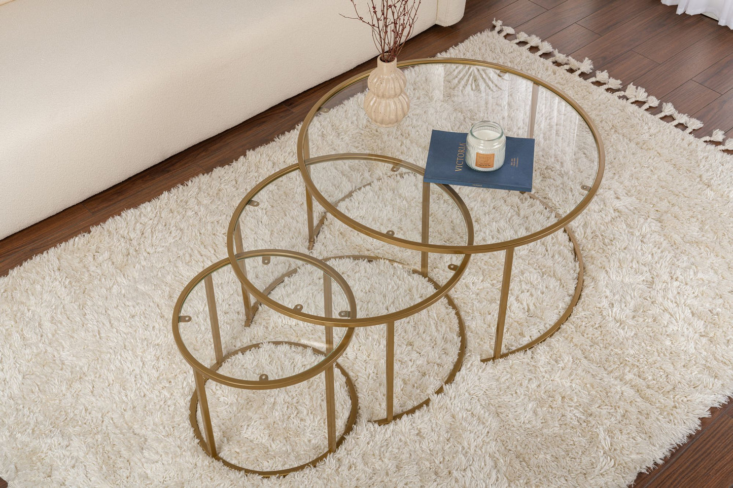 Aurum Soffbord set – 80/60/42 cm – Guldfärg/Transparent