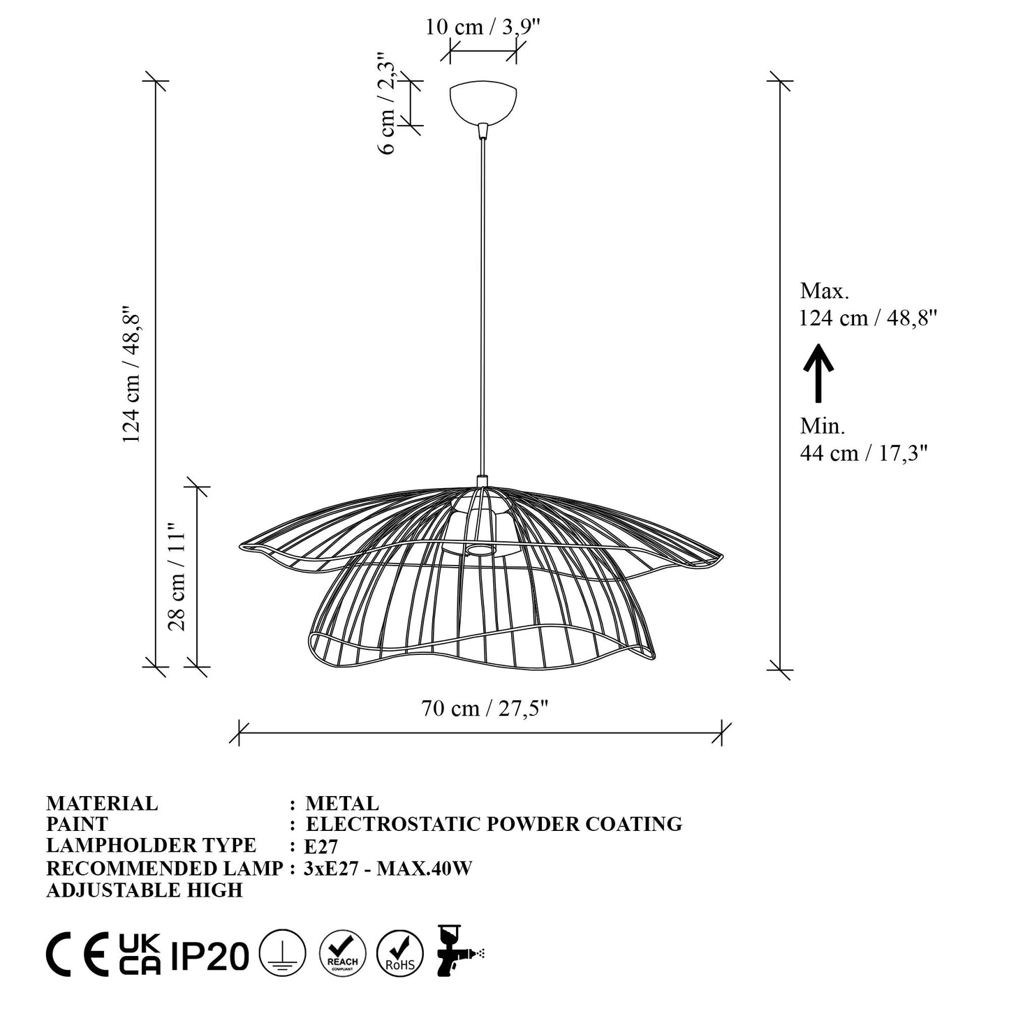 Mantar taklampa 70 x 70 x 124 cm 3 x E 27 40 W