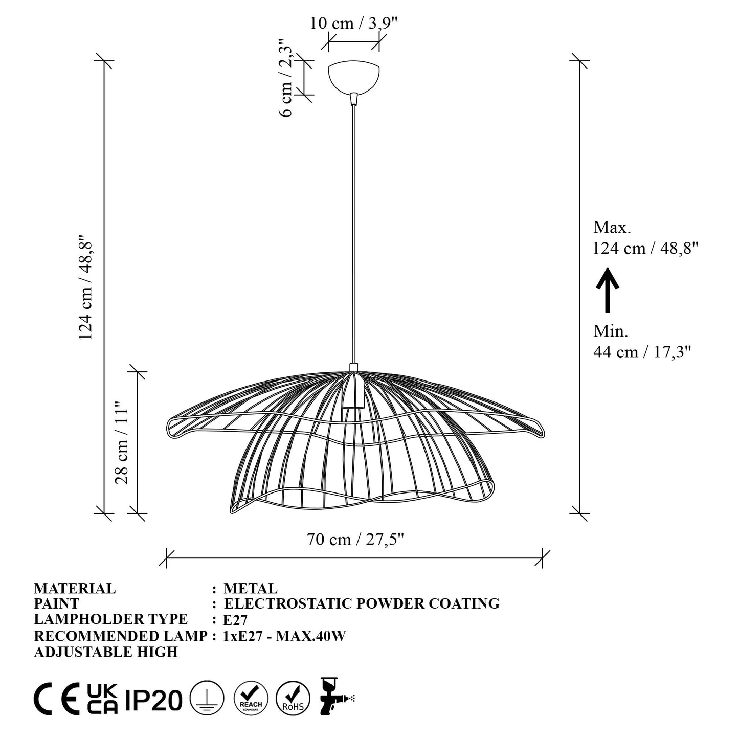 Mantar taklampa 70 x 70 x 124 cm 1 x E 27 40 W