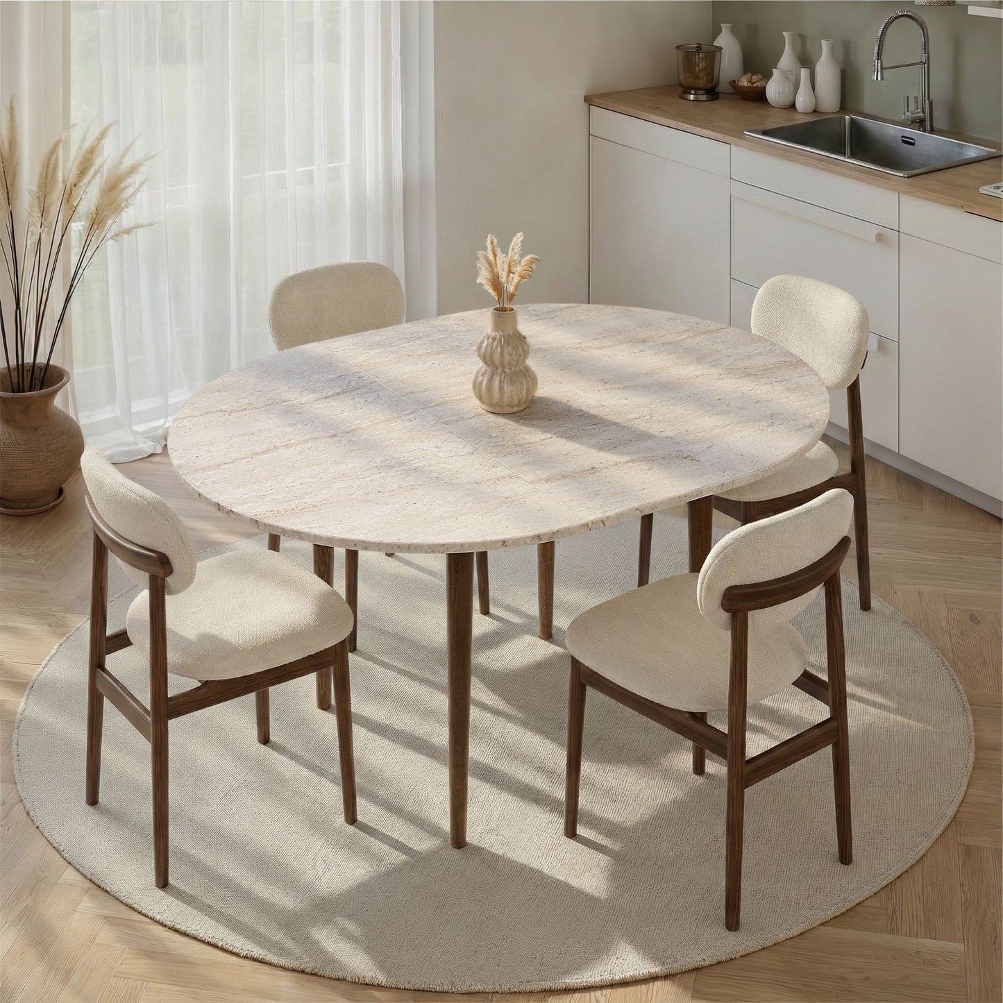 Viona Runt matbord 131x100 cm- Förlängningsbar - Travertine, Walnut