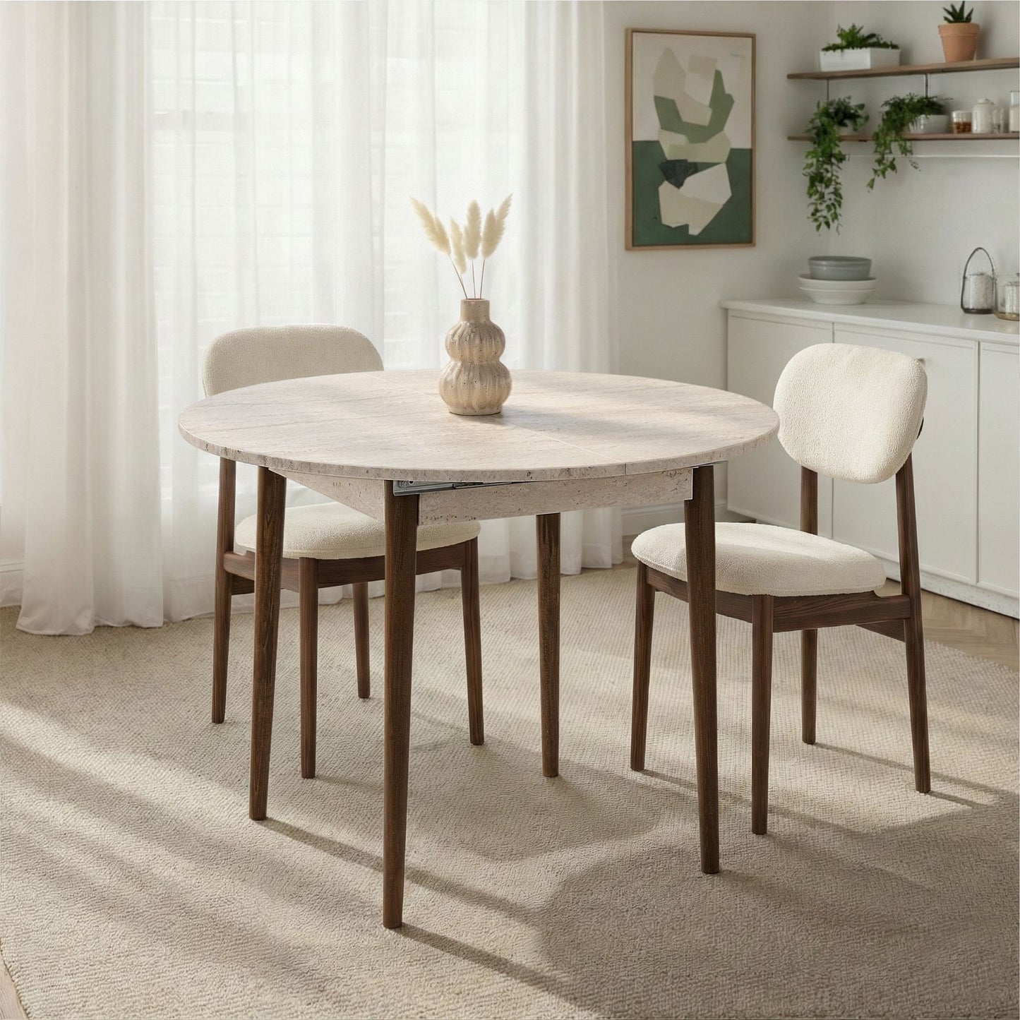 Viona Runt matbord 131x100 cm- Förlängningsbar - Travertine, Walnut