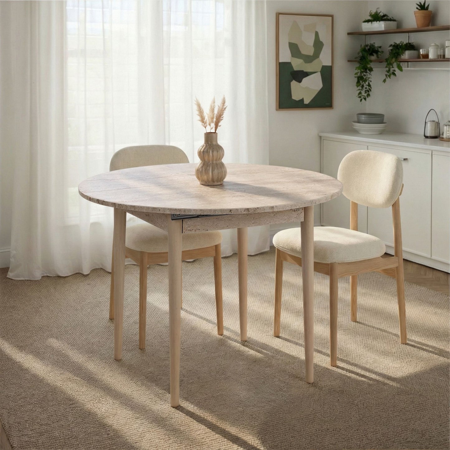 Viona Runt matbord - Förlängningsbar - Travertine, Oak