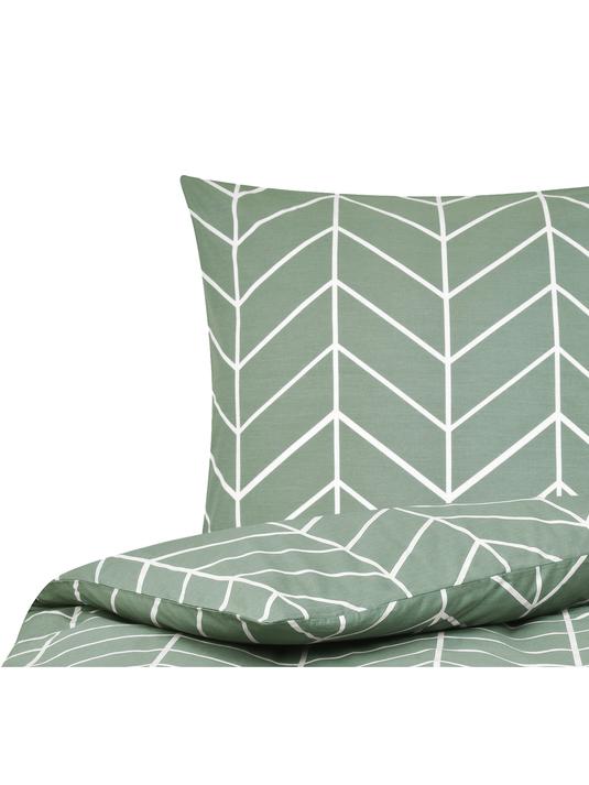 Sänglinne med grafiskt mönster - Salviagrön/Gräddvit