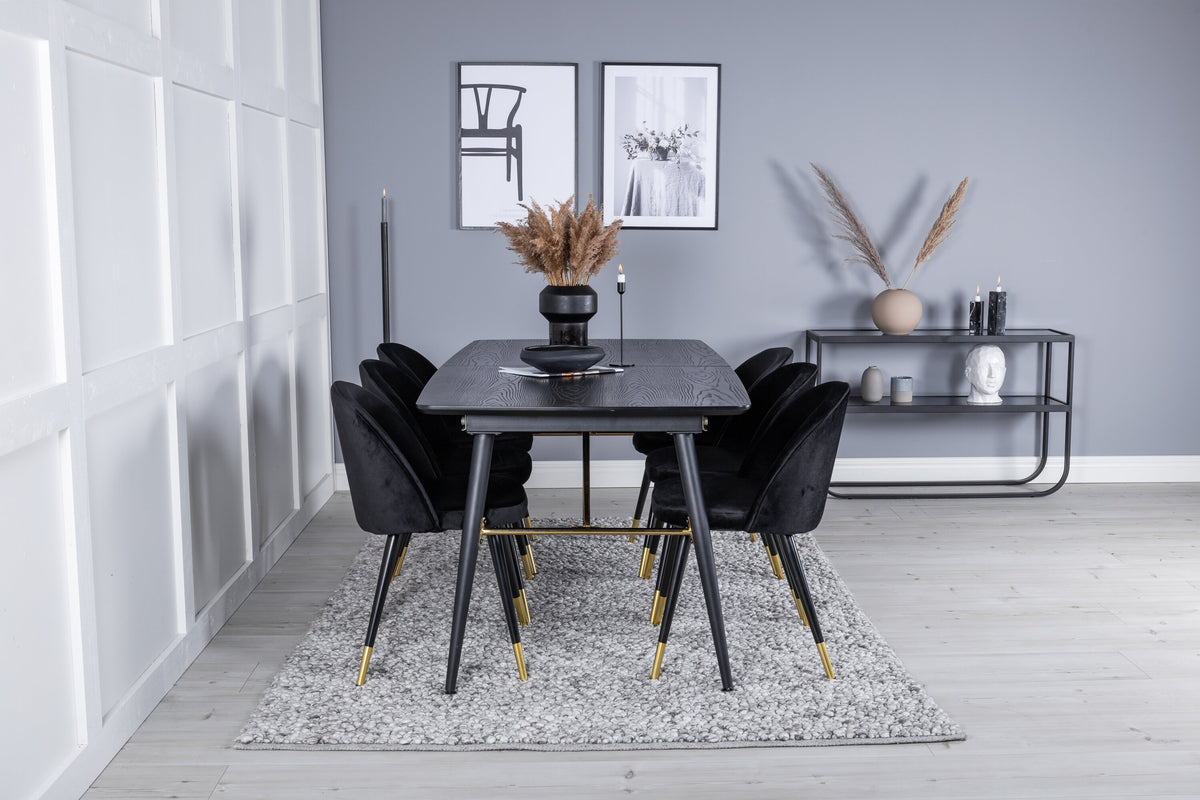 Gold Matbord med Velvet Stolarna – Bord: 76x180x85 Stol: 57x76,5x50