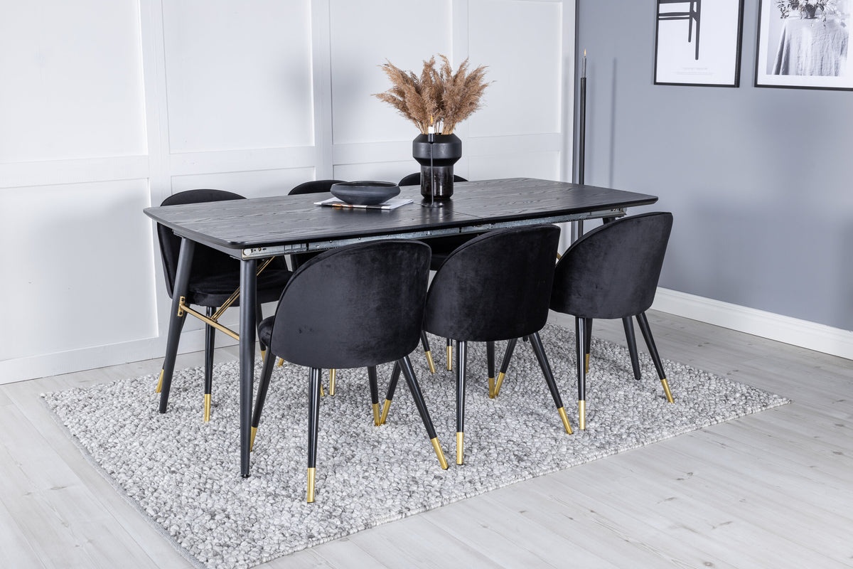 Gold Matbord med Velvet Stolarna – Bord: 76x180x85 Stol: 57x76,5x50