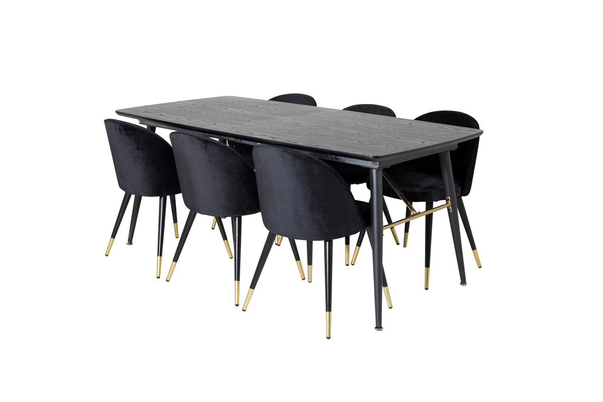 Gold Matbord med Velvet Stolarna – Bord: 76x180x85 Stol: 57x76,5x50