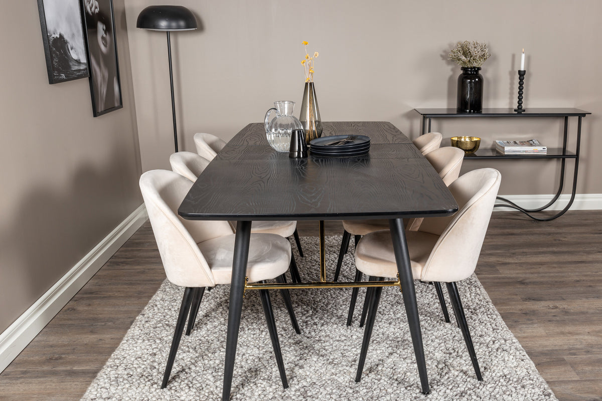 Gold Matbord med Velvet Stolarna – Bord: 76x180x85 Stol: 57x76,5x50