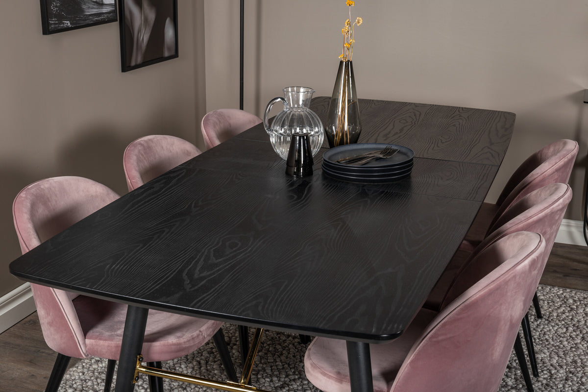 Gold Matbord med Velvet Stolarna – Bord: 76x180x85 Stol: 57x76,5x50