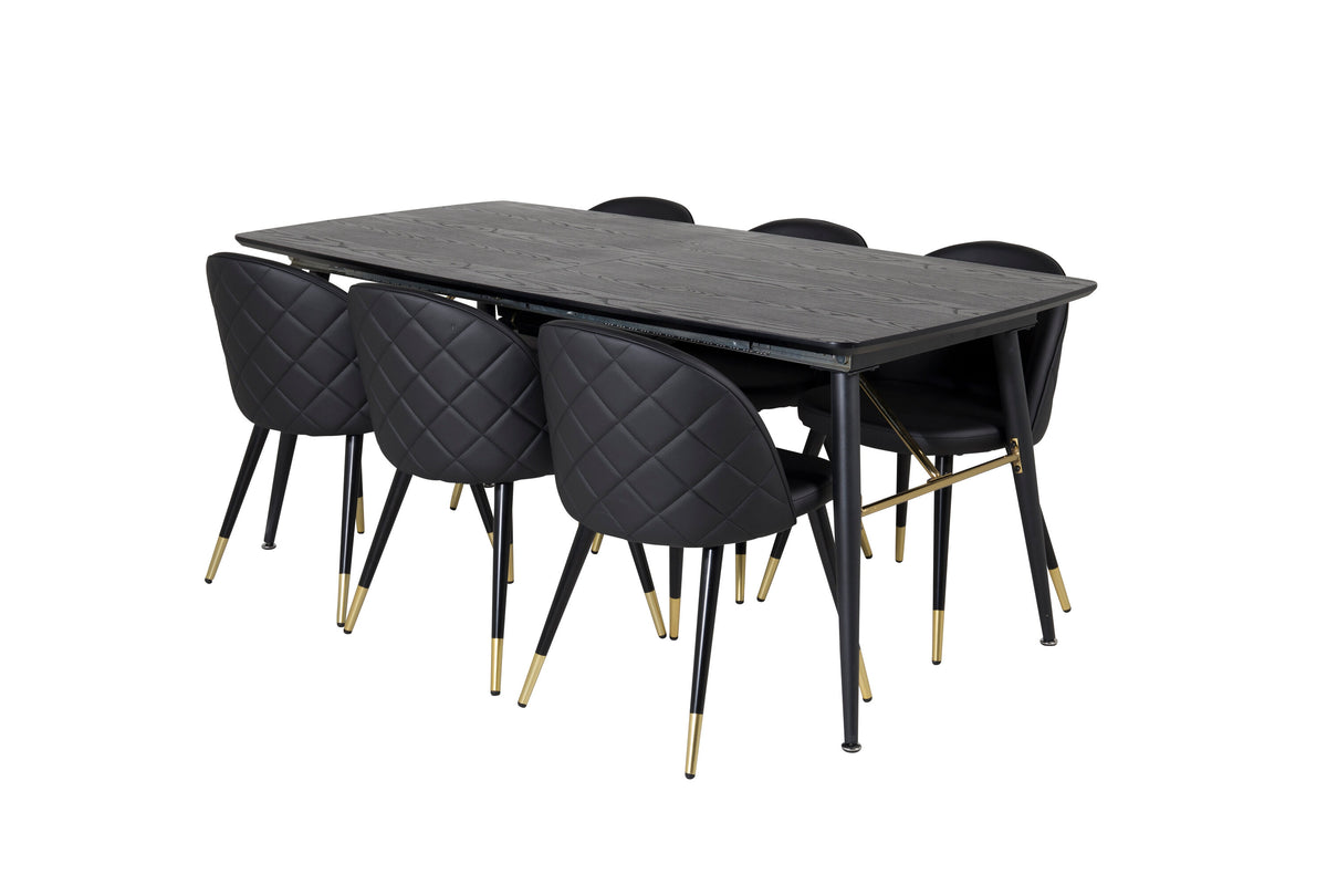 Gold Matbord med Velvet Stolarna – Bord: 76x180x85 Stol: 57x76,5x50