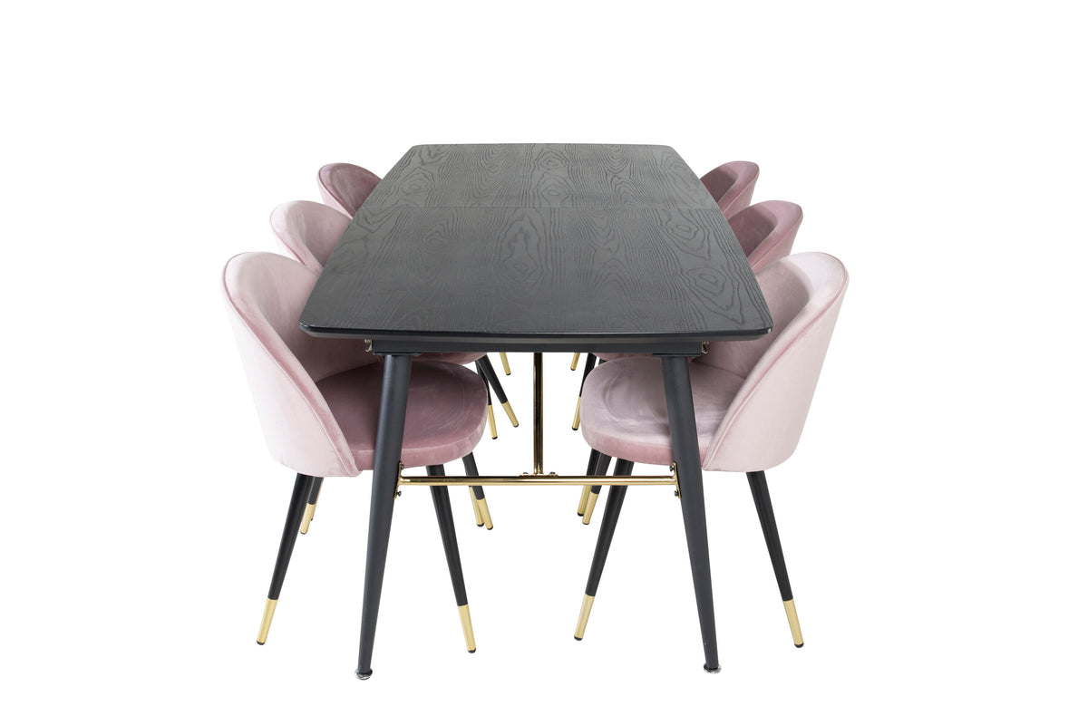 Gold Matbord med Velvet Stolarna – Bord: 76x180x85 Stol: 57x76,5x50
