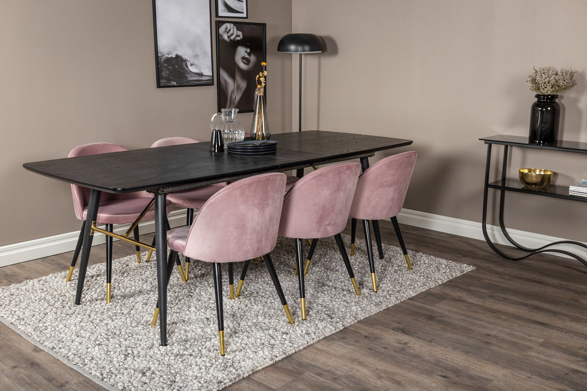 Gold Matbord med Velvet Stolarna – Bord: 76x180x85 Stol: 57x76,5x50