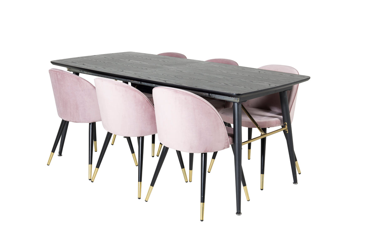 Gold Matbord med Velvet Stolarna – Bord: 76x180x85 Stol: 57x76,5x50