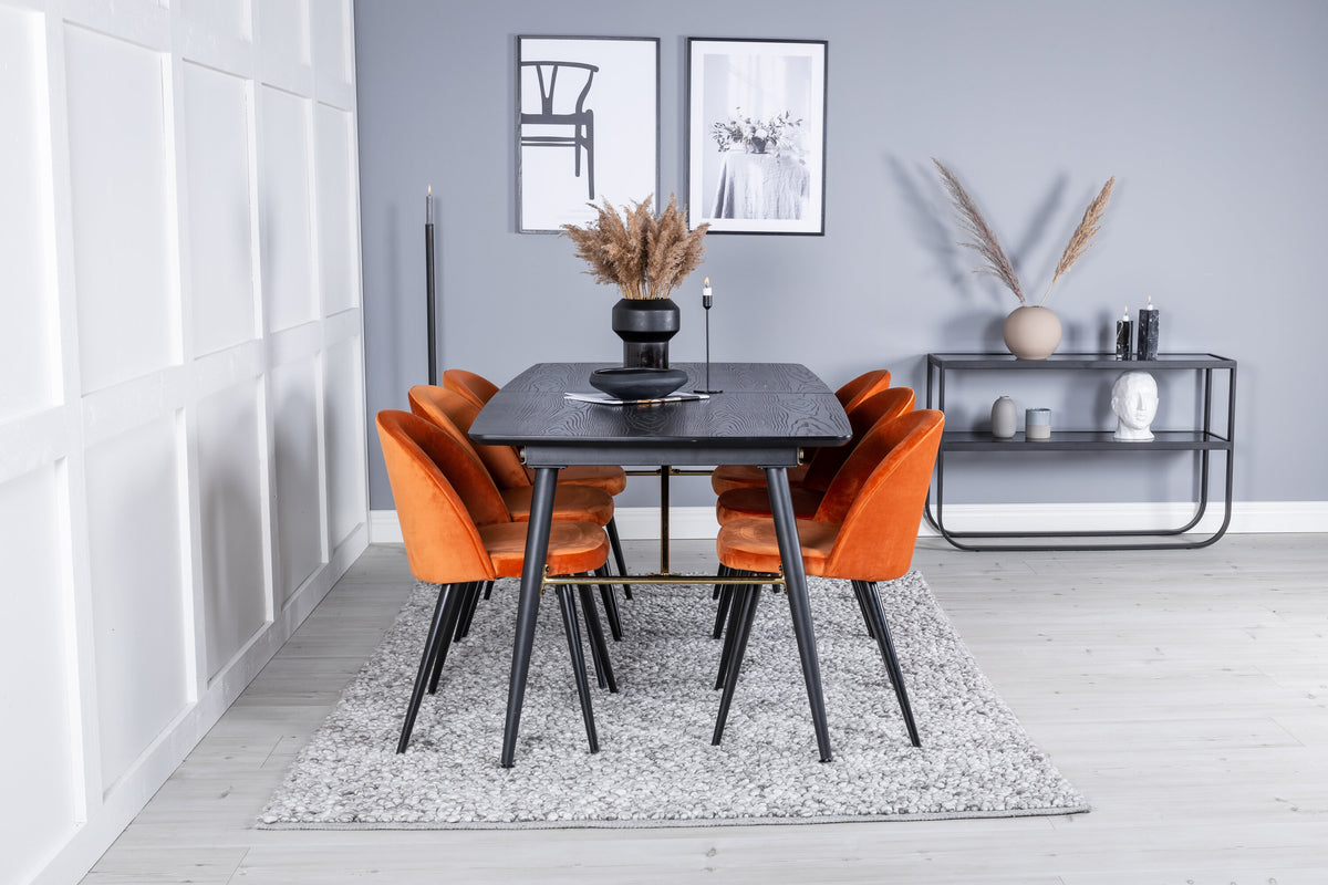 Gold Matbord med Velvet Stolarna – Bord: 76x180x85 Stol: 57x76,5x50