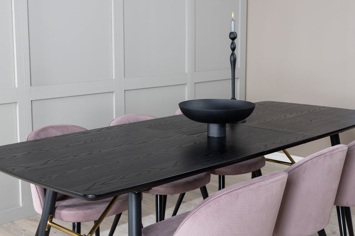 Gold Matbord med Velvet Stolarna – Bord: 76x180x85 Stol: 57x76,5x50