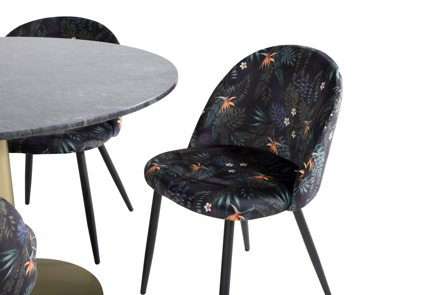Estelle Matbord med Velvet Stolarna – Bord: ⌀106 Stol: 55x78x50,5