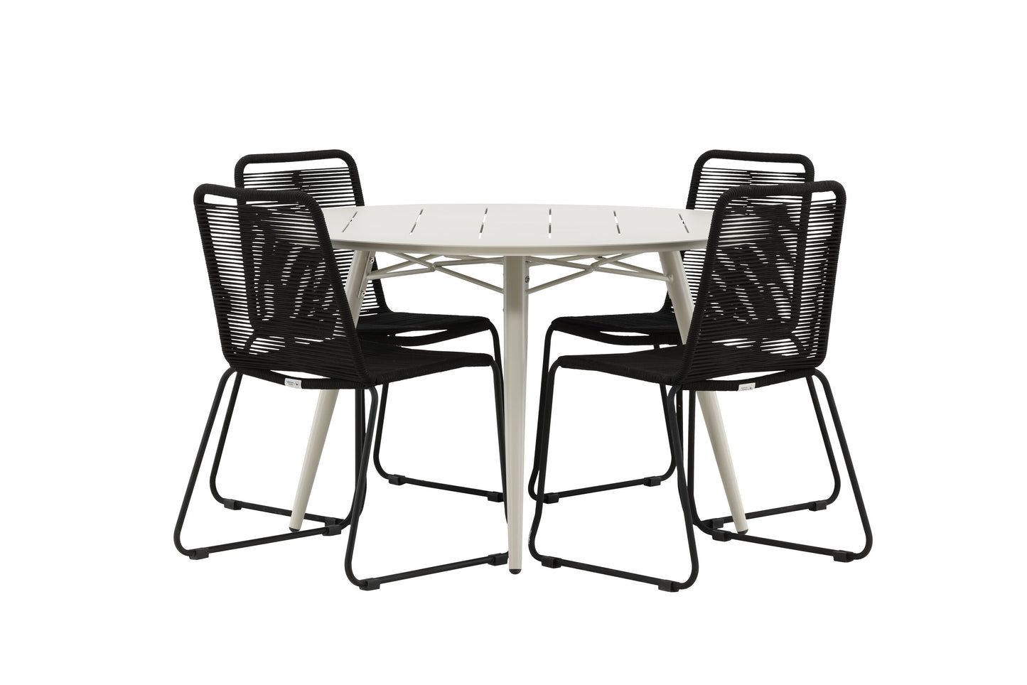 Lina Matbord med Lindos Stolarna – Bord: ⌀120 Stol: 59x86x57