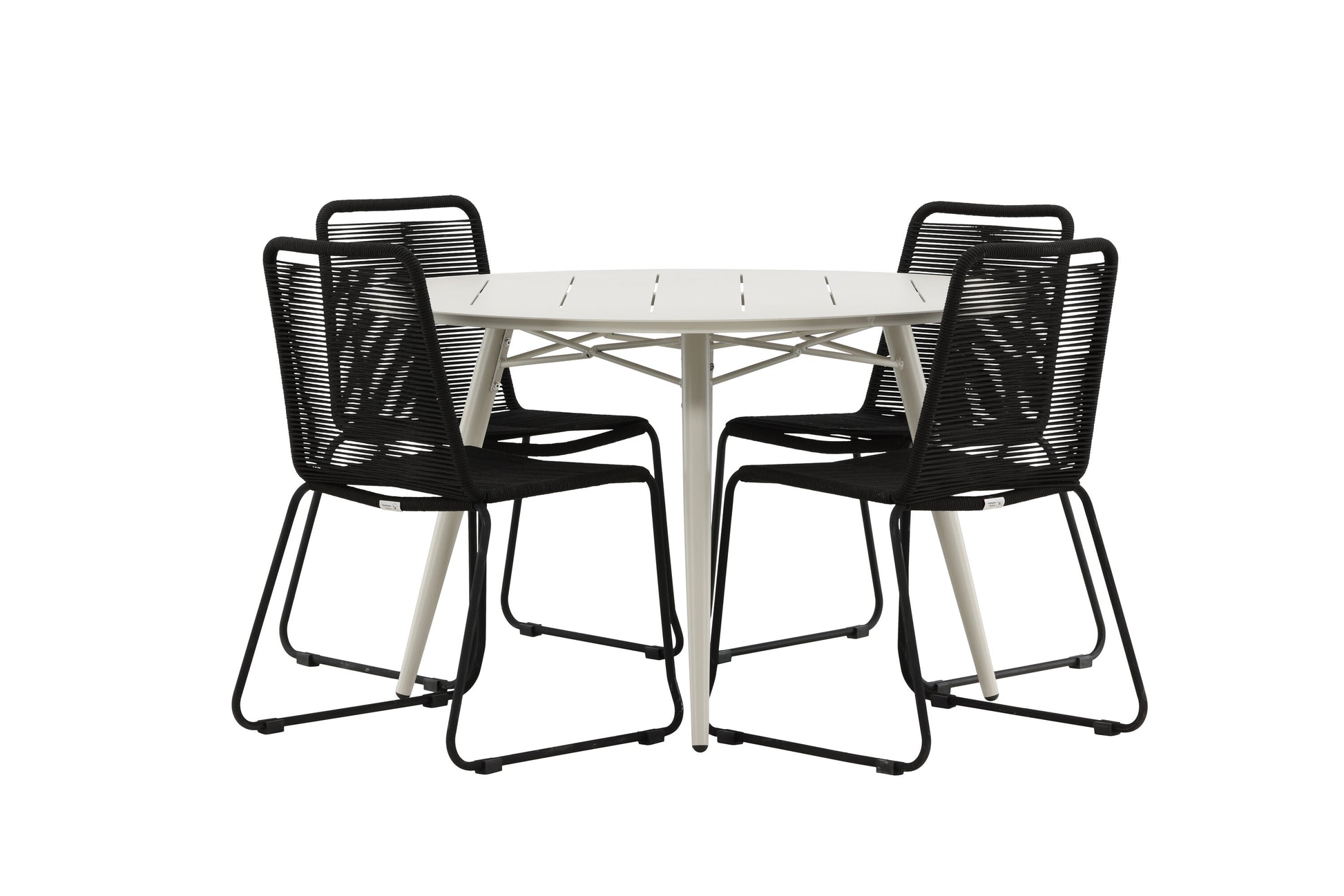 Lina Matbord med Lindos Stolarna – Bord: ⌀120 Stol: 59x86x57