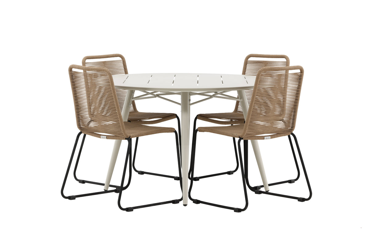 Lina Matbord med Lindos Stolarna – Bord: ⌀120 Stol: 59x86x57