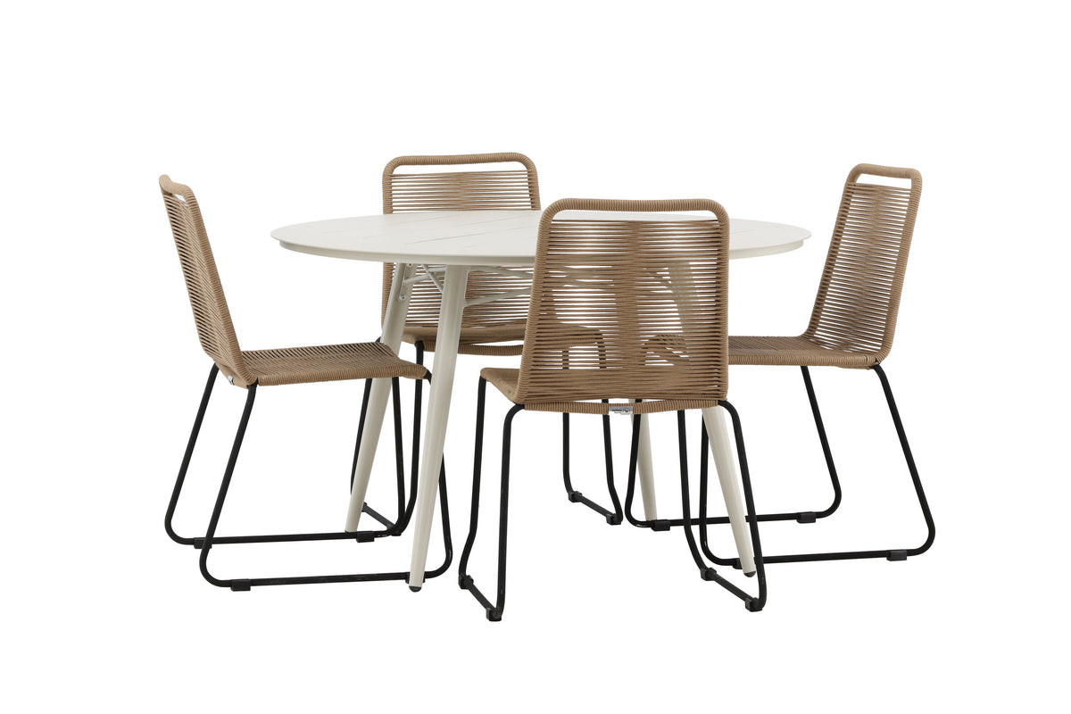 Lina Matbord med Lindos Stolarna – Bord: ⌀120 Stol: 59x86x57