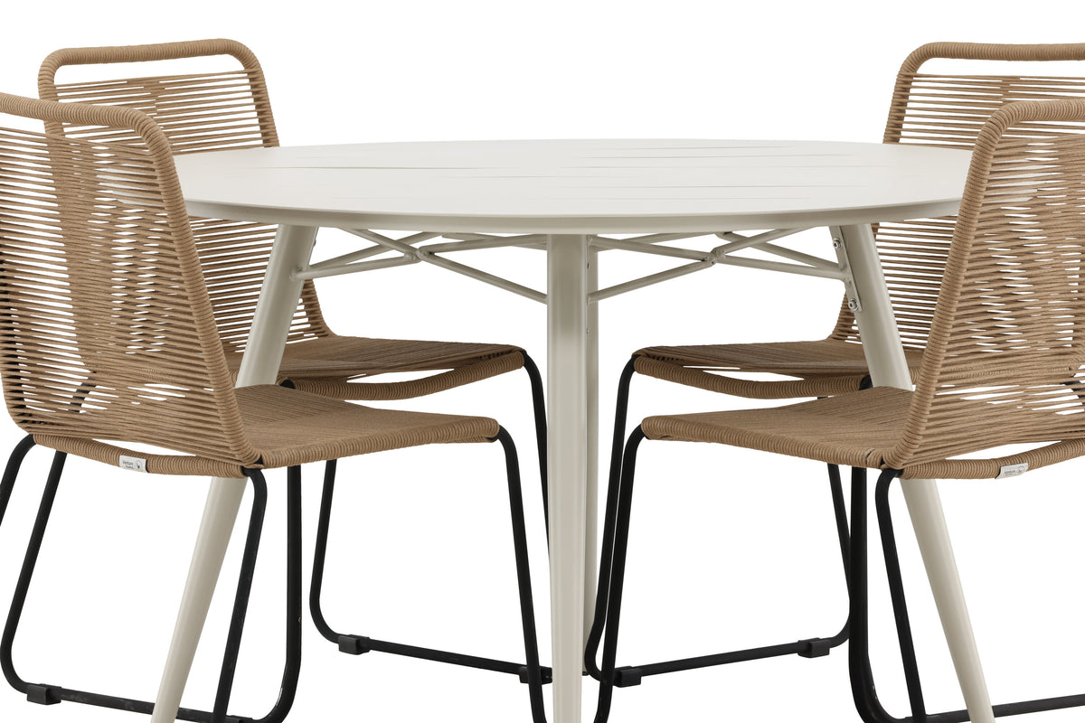 Lina Matbord med Lindos Stolarna – Bord: ⌀120 Stol: 59x86x57