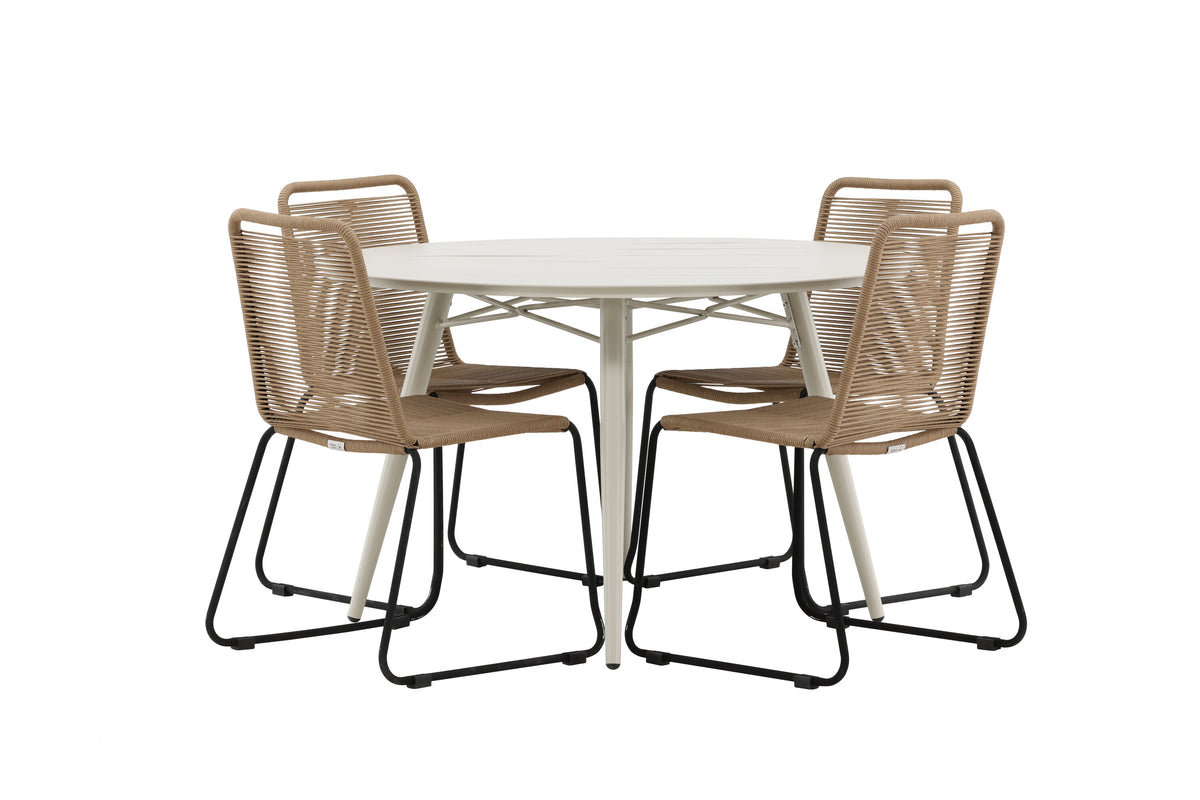 Lina Matbord med Lindos Stolarna – Bord: ⌀120 Stol: 59x86x57