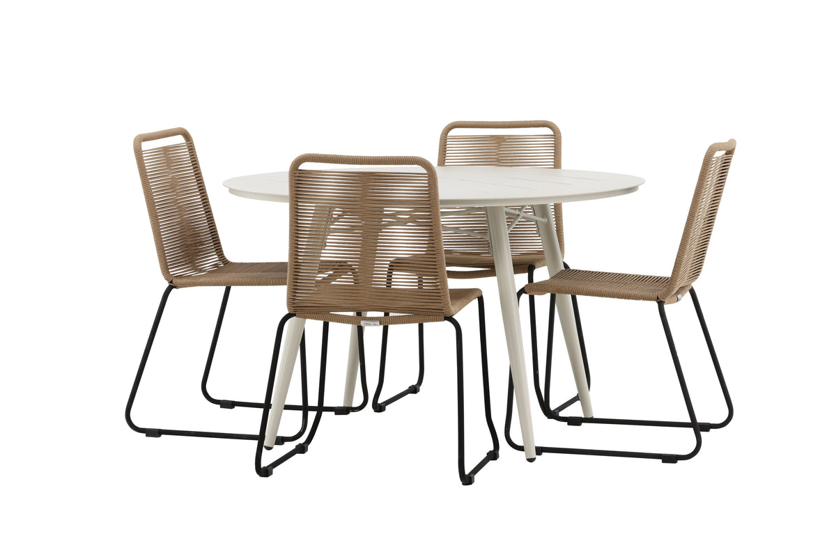 Lina Matbord med Lindos Stolarna – Bord: ⌀120 Stol: 59x86x57
