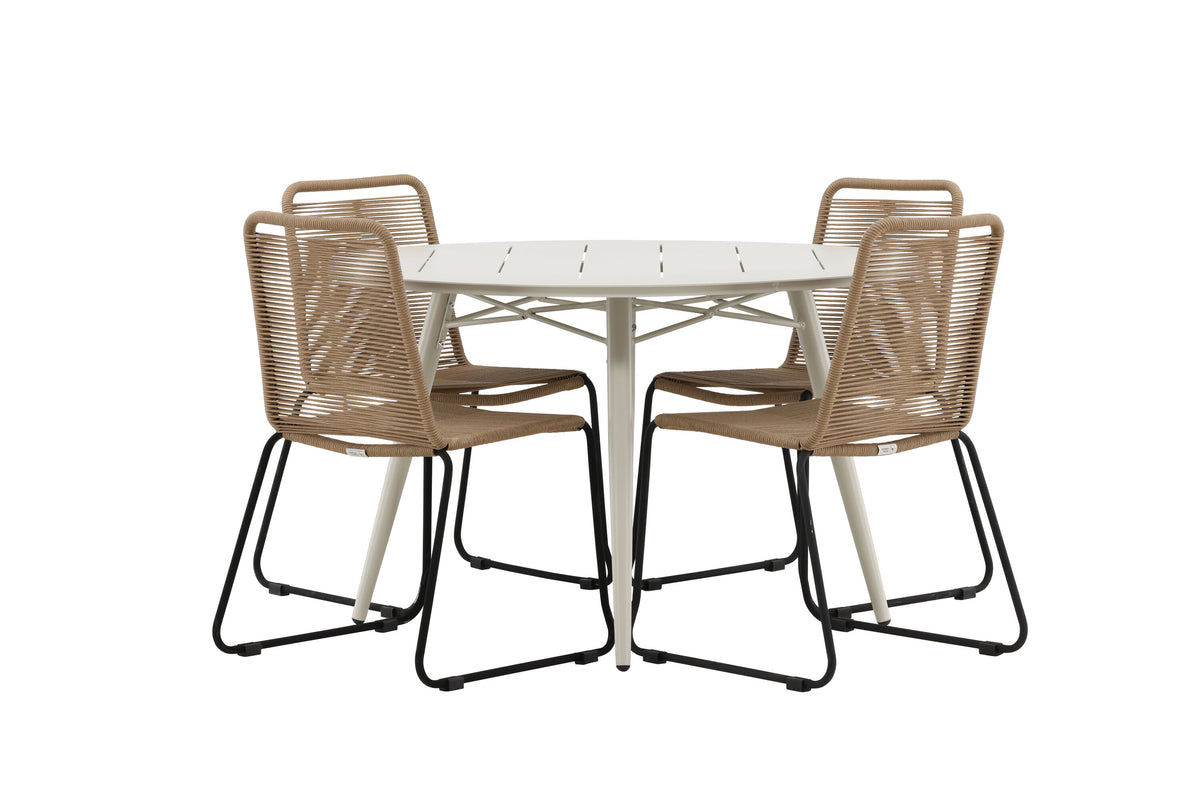 Lina Matbord med Lindos Stolarna – Bord: ⌀120 Stol: 59x86x57