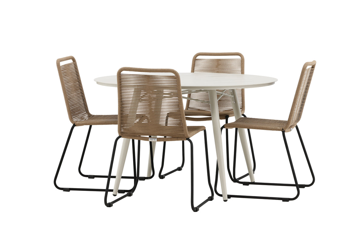 Lina Matbord med Lindos Stolarna – Bord: ⌀120 Stol: 59x86x57