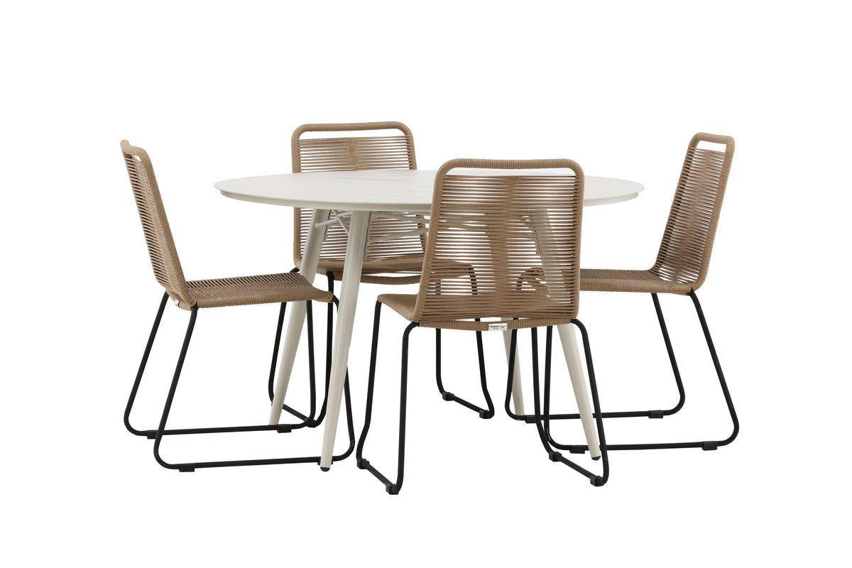 Lina Matbord med Lindos Stolarna – Bord: ⌀120 Stol: 59x86x57